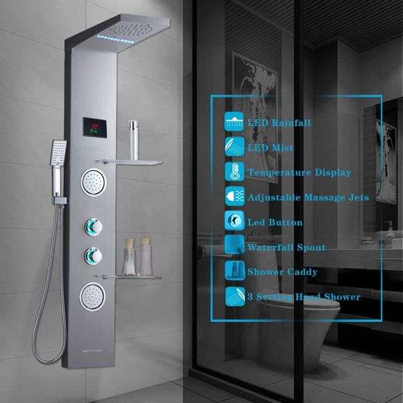 thumbnail image 2 of ELLO&ALLO Shower Panel Tower – Brushed Nickel, LED Rain & Waterfall, Wall Mounted With Massage Jets 2 of 2