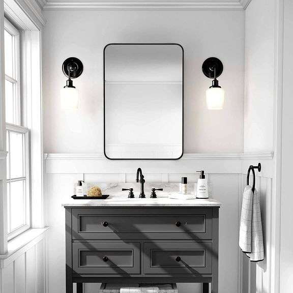 Minuover Wall Mount Mirror for Bathroom, Brush Black Metal Framed Rounded Corner Rectangular Vanity Mirror (20" x 30", Black)