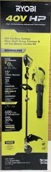 RYOBI 40V HP Brushless 600 CFM 155 MPH Cordless Leaf Blower and Carbon Fiber String Trimmer with 4.0 Ah Battery and Charger - NEW