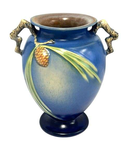 Roseville Pottery Blue Pinecone Footed Dual Handled Vase - #844-8