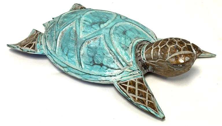 15" Carved Wood Coastal Sea Turtle Sculpture