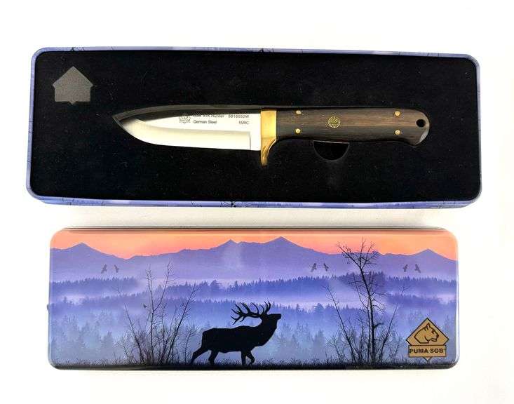 Puma SGB Elk Hunter Jacaranda Wood Hunting Knife with Tethered Brown Leather Sheath