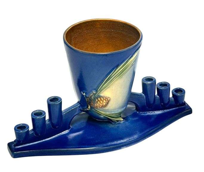 Roseville Pottery Blue Pinecone Centerpiece / Candleholder #324-6 (Rare)