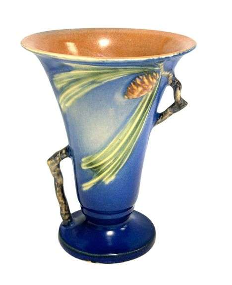 Roseville 1931 Blue Pinecone Trumpet Flower Vase # 906-6