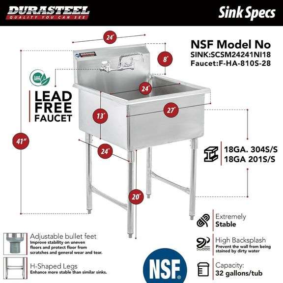 DuraSteel 24" x 24" Stainless Steel Utility Sink - NSF Certified (NEW)