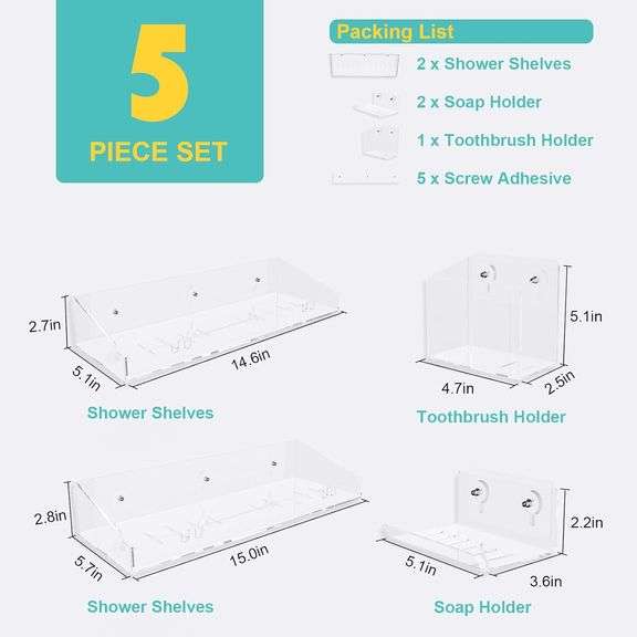 Adhesive Shower Caddy, 5 Pack Acrylic Shower Shelves Bath Organizers - NEW!