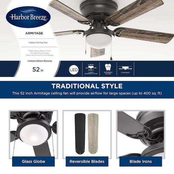 Harbor Breeze Armitage 52-in Matte Black with Black/Cocoa Blades - READ DESCRIPTION
