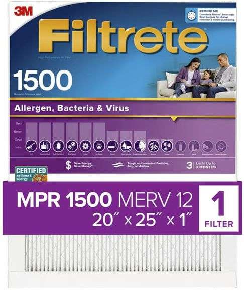 Filtrete Allergen Bacteria & Virus 1500 MPR Air Filter, 20 x 25 x 1-in (New)