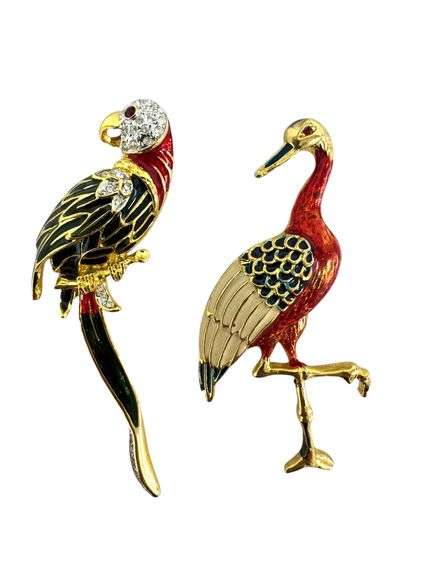 Jeweled & Enameled Bird Brooches - Lot of 2 ( Parrot and Crane )