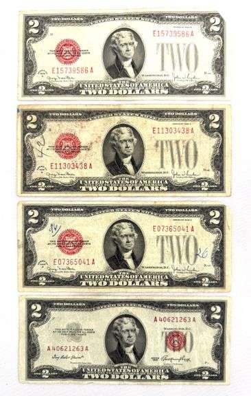 Lot of 4 - $2.00 Red Seal U.S. Currency Notes