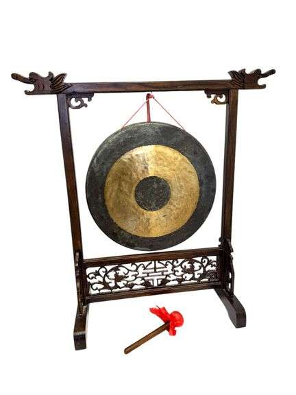 Vintage Chinese Temple Gong w/ Dragon Stand - NICE!